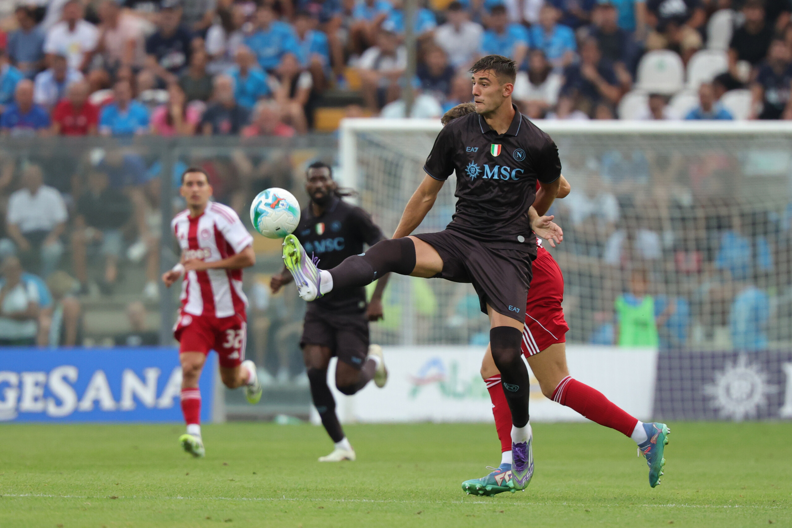 napoli beat olympiakos 2 1 goals by politano and lucca scaled